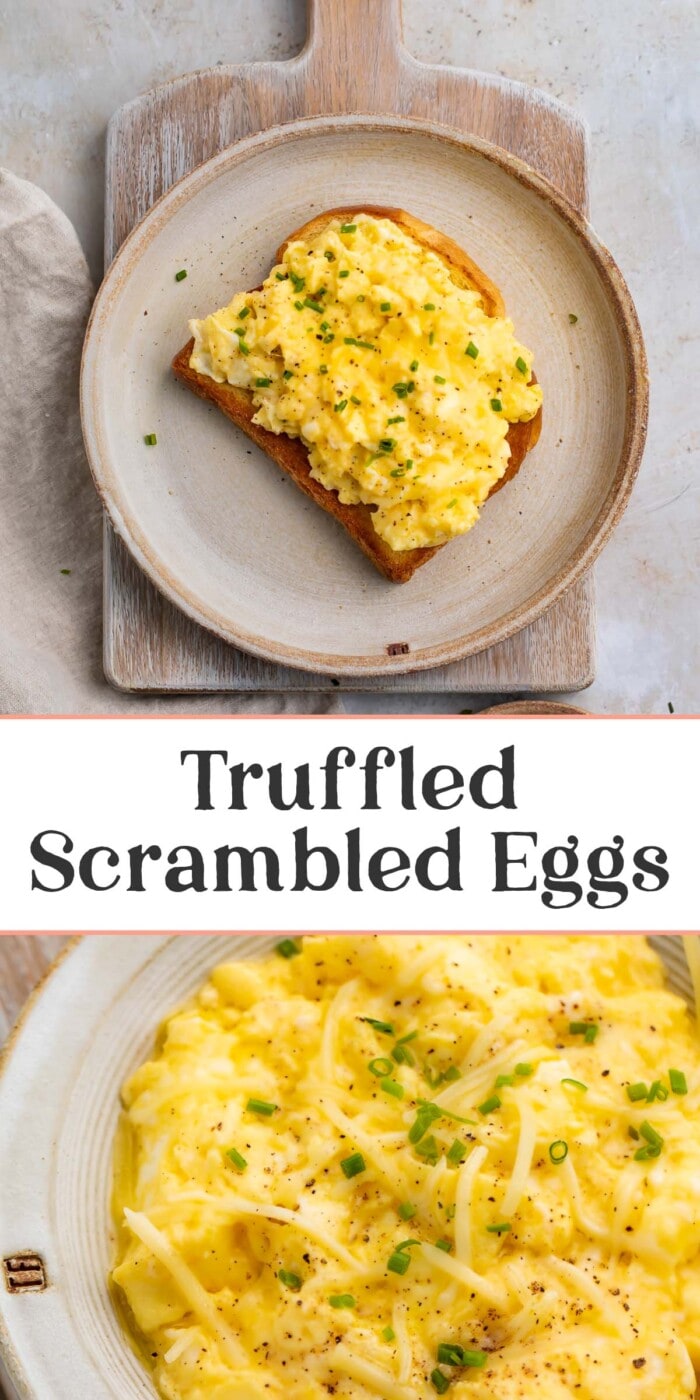 Pin graphic for truffled scrambled eggs.