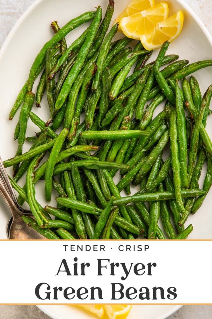 Pin graphic for air fryer green beans.