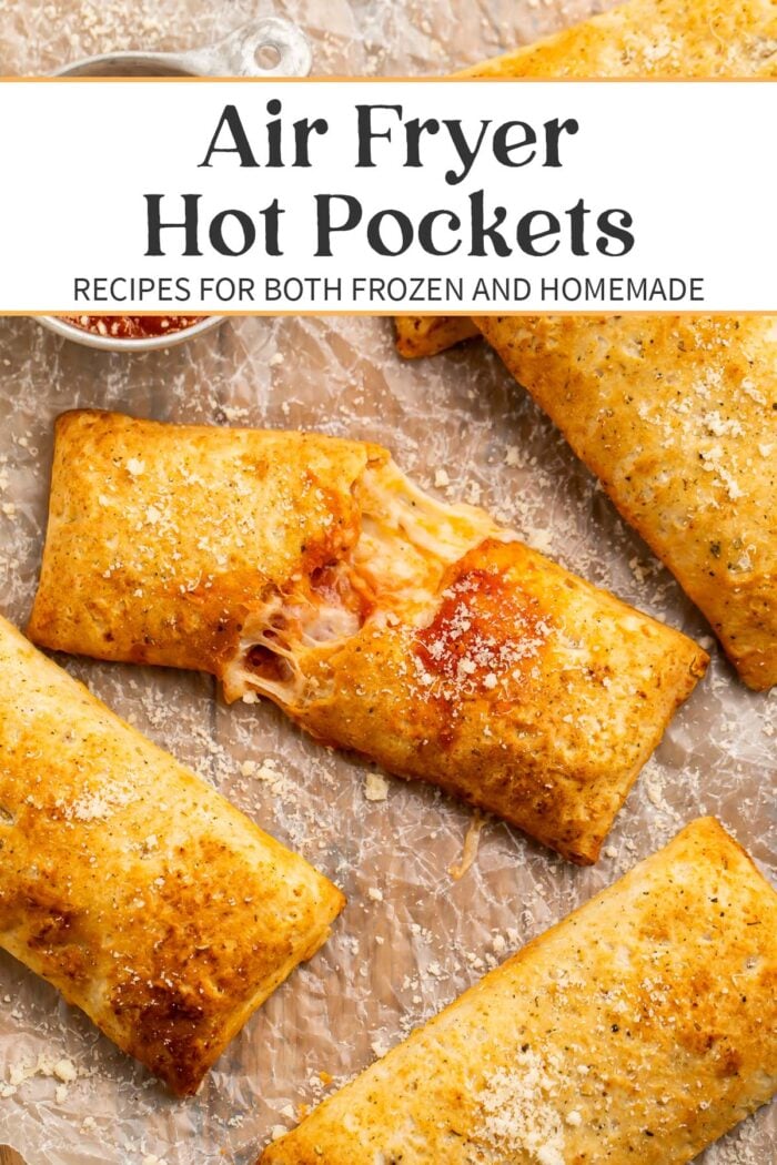 Pin graphic for air fryer hot pockets.