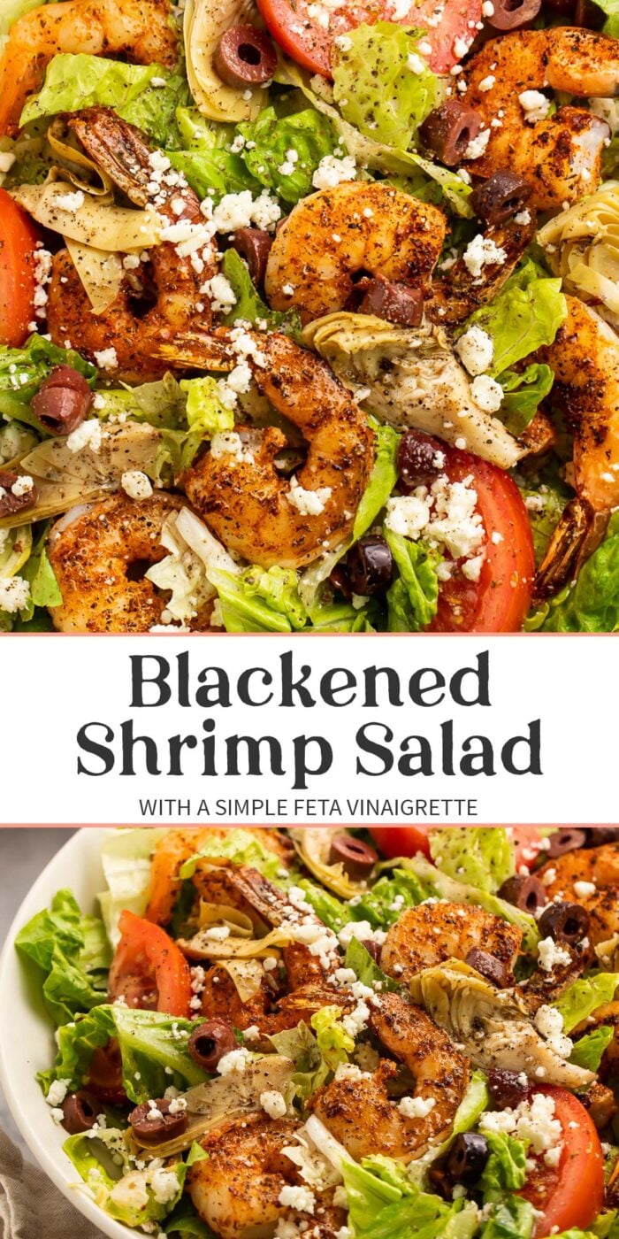 Pin graphic for blackened shrimp salad.