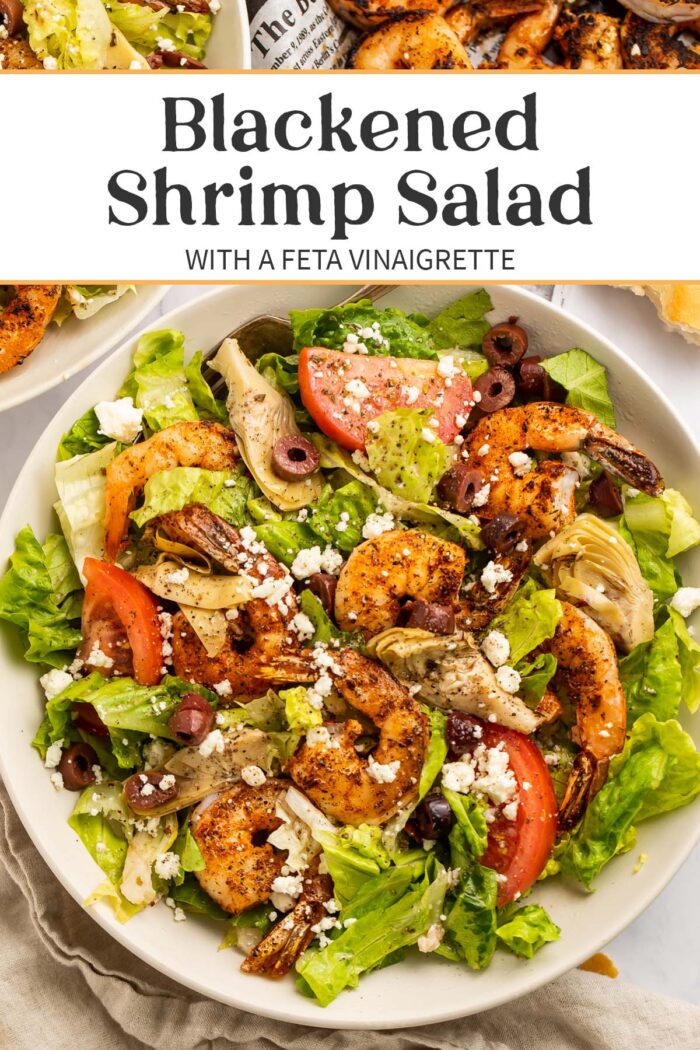 Pin graphic for blackened shrimp salad.