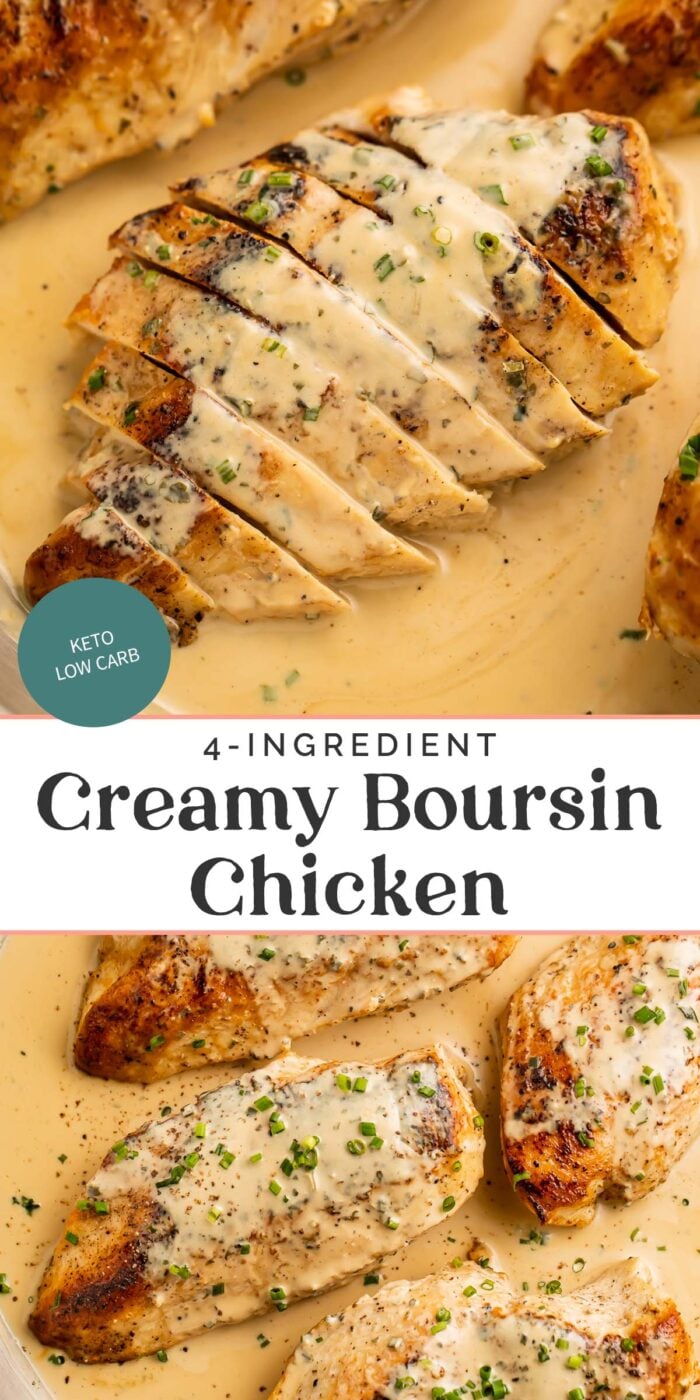 Pin graphic for creamy boursin chicken.