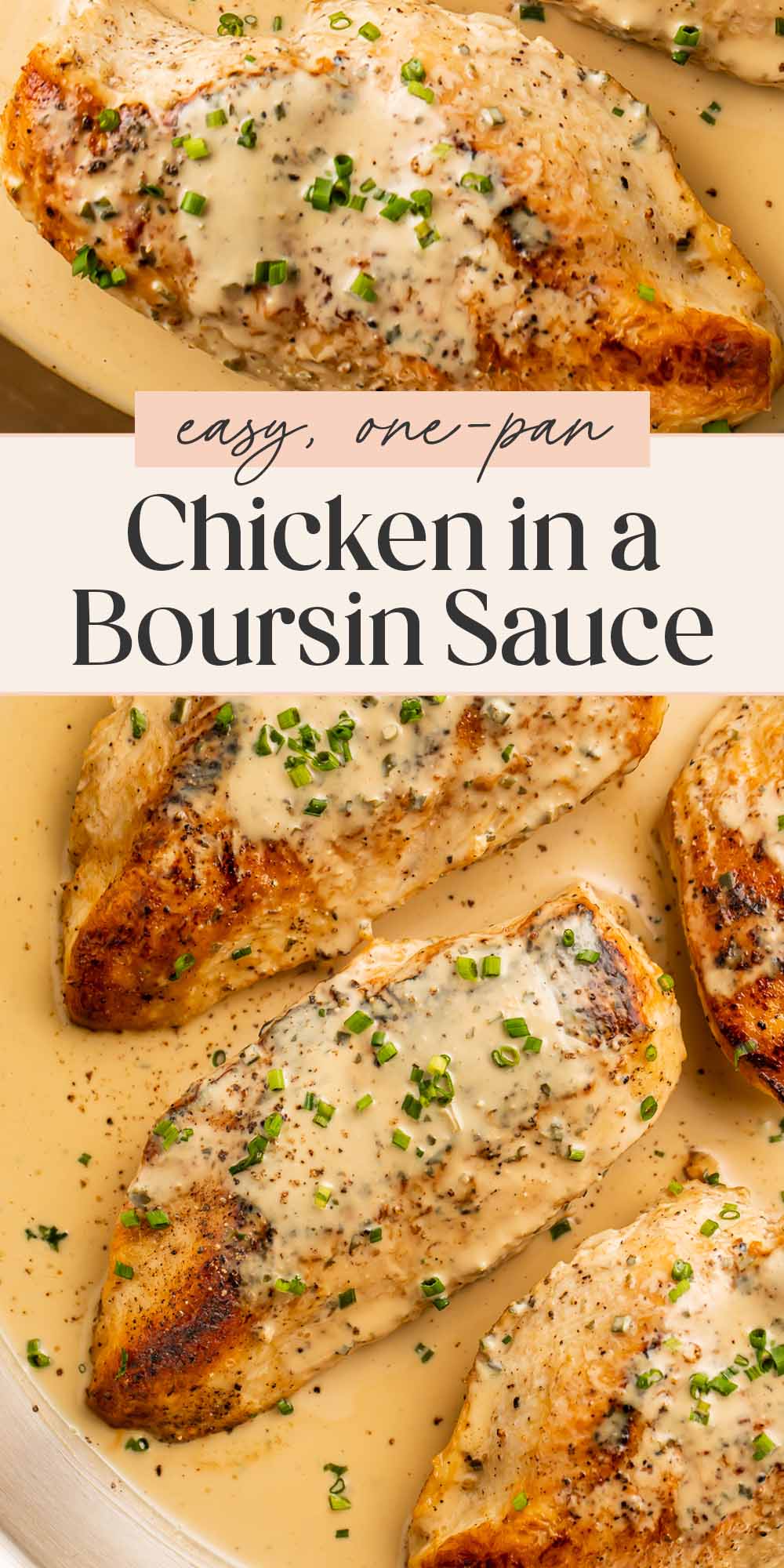 Pin graphic for boursin chicken.