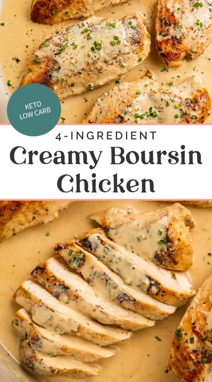 Pin graphic for creamy boursin chicken.