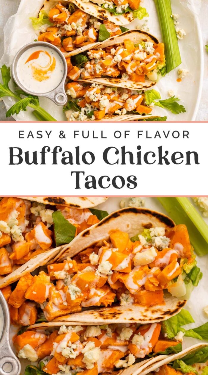 Pin graphic for buffalo chicken tacos.