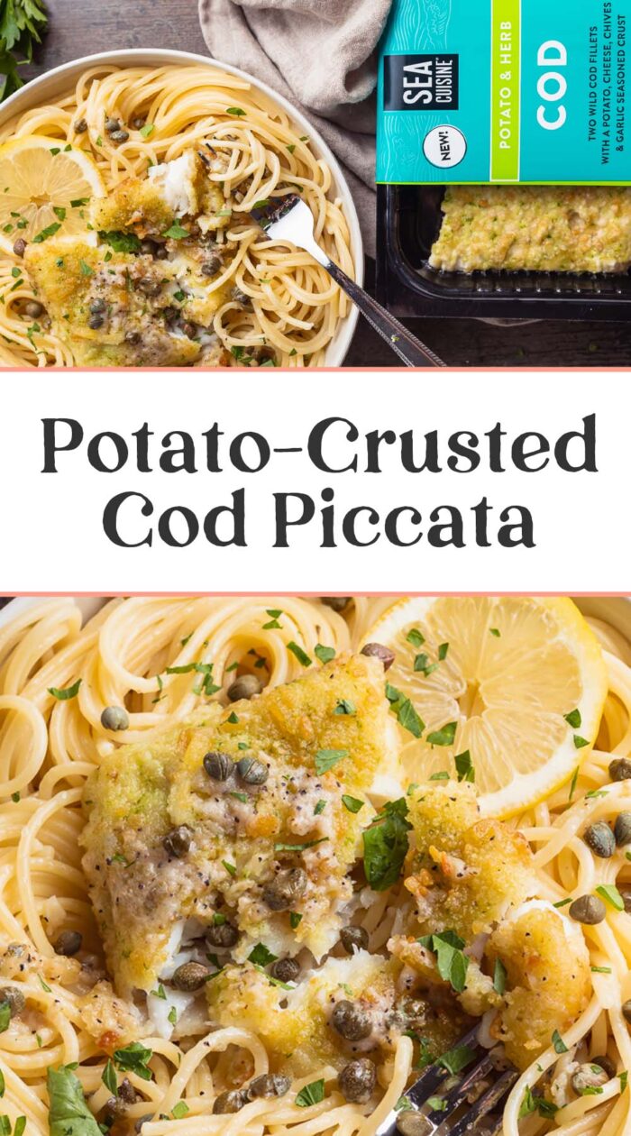 Pin graphic for potato-crusted cod piccata.