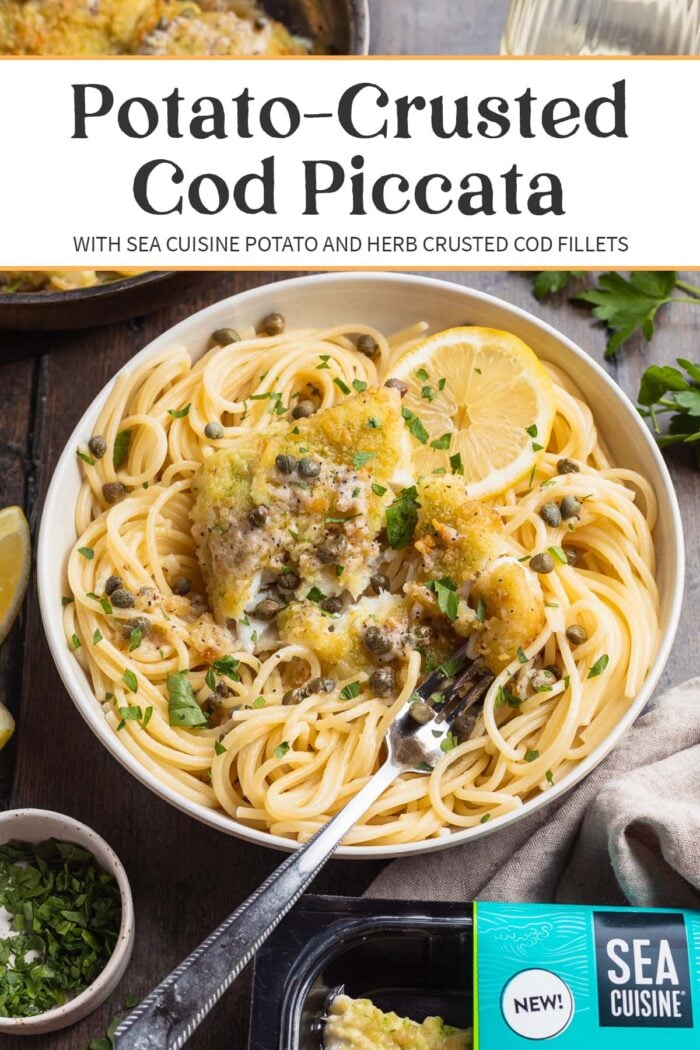 Pin graphic for potato-crusted cod piccata.