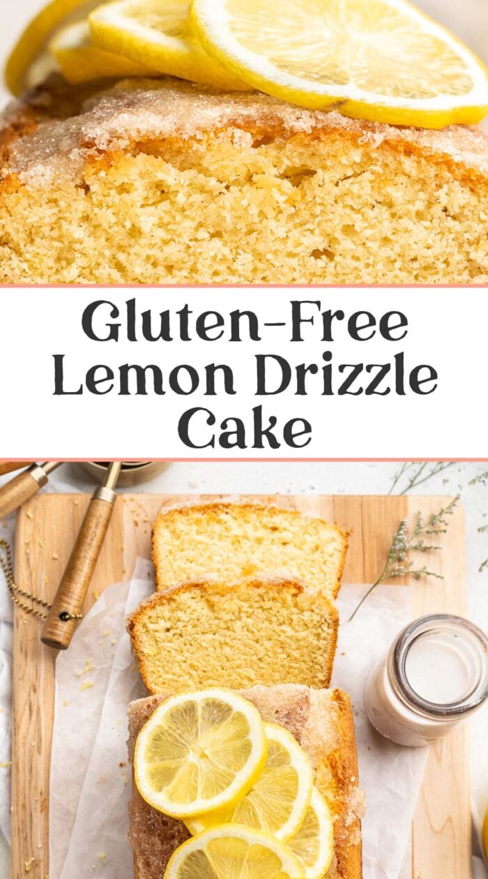 Pin graphic for gluten-free lemon drizzle cake.