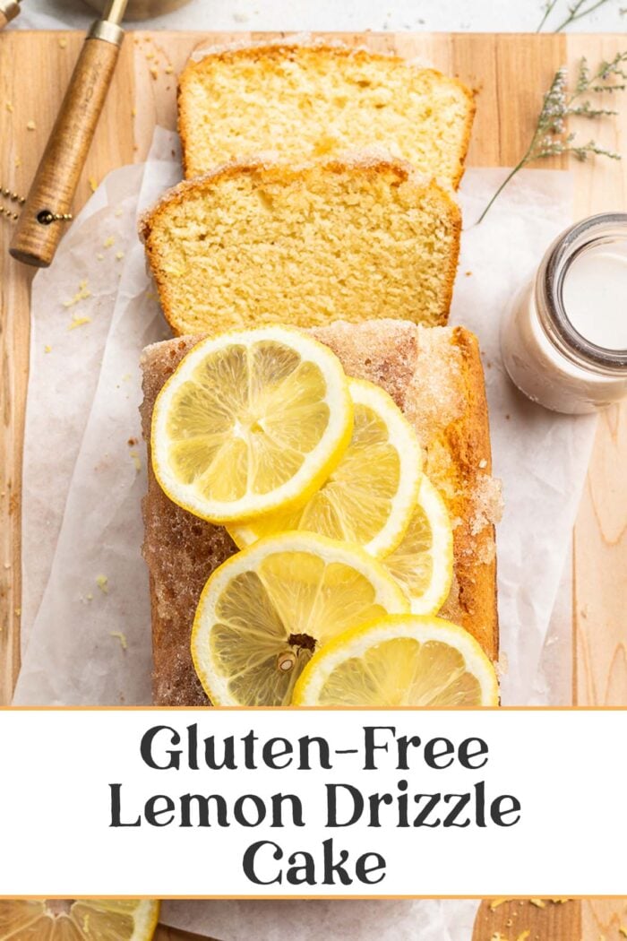 Pin graphic for gluten-free lemon drizzle cake.