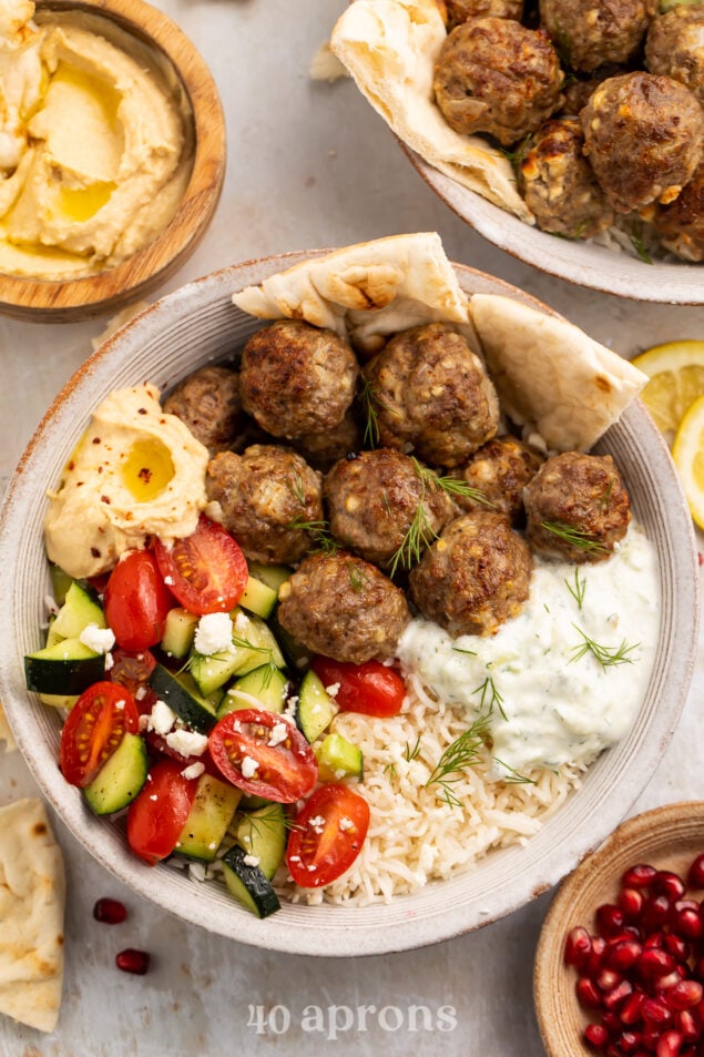 Gyro Bowls (Meatballs with Tzatziki, Lemon Rice, and Cucumber Salad ...