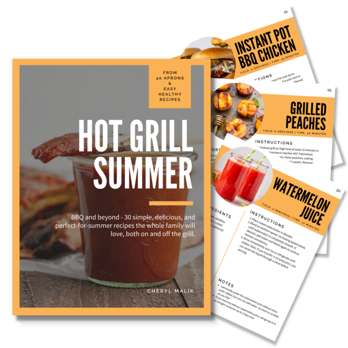 Graphic showing cover for digital eBook "Hot Grill Summer" and 3 pages from eBook.