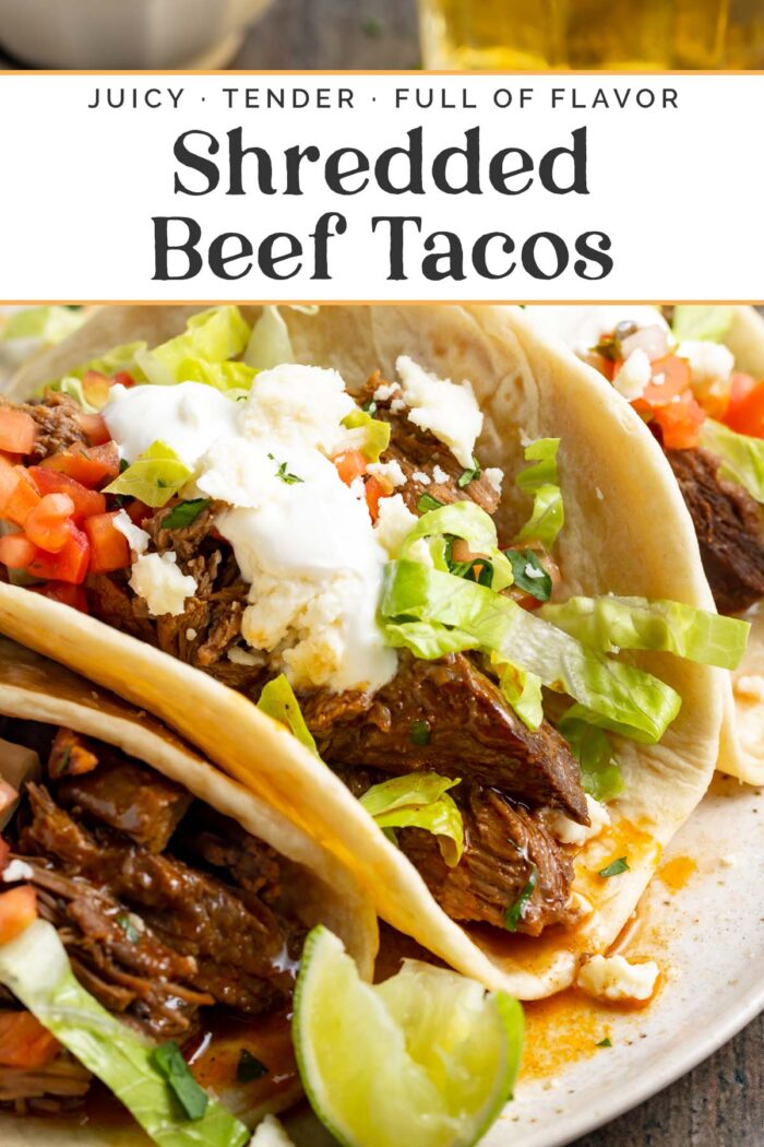 Pin graphic for shredded beef tacos.