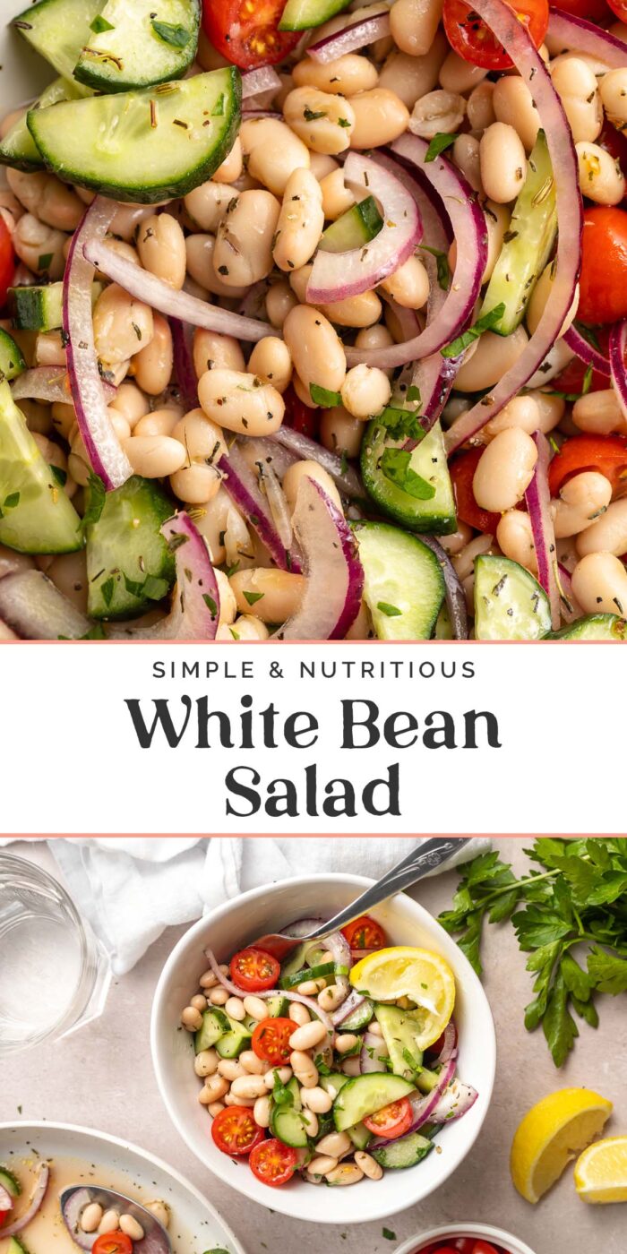 Pin graphic for white bean salad.