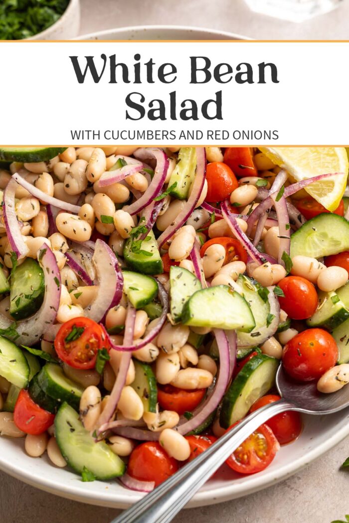 Pin graphic for white bean salad.