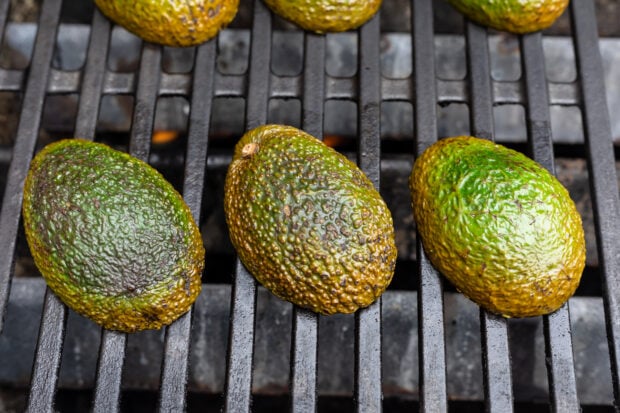 Halved avocados, cut-side down, on grill grates over indirect heat.