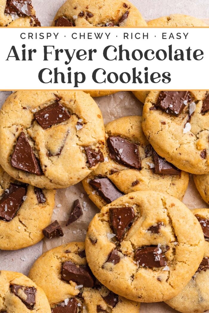 Pin graphic for air fryer chocolate chip cookies.