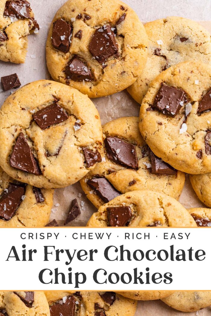 Pin graphic for air fryer chocolate chip cookies.