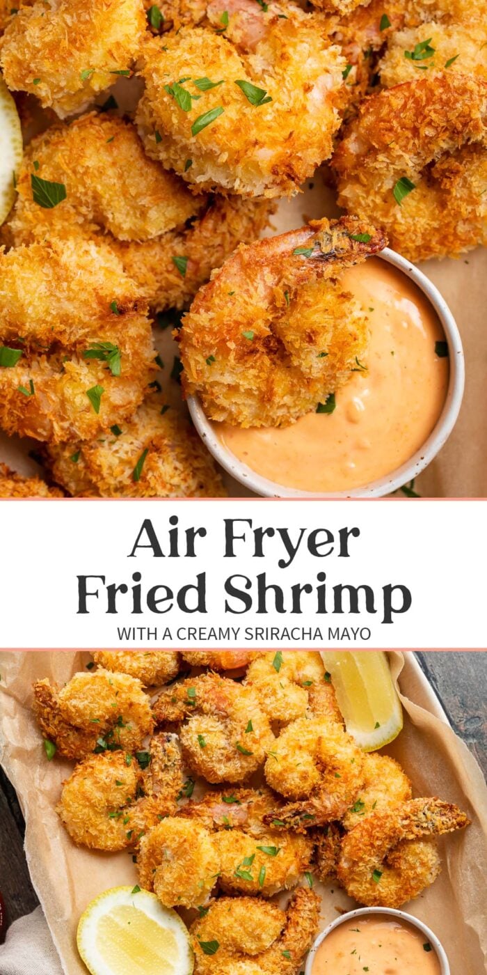 Pin graphic for air fryer fried shrimp.