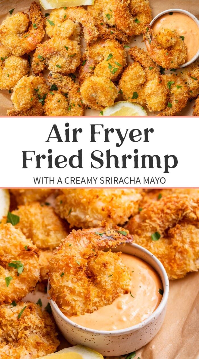 Pin graphic for air fryer fried shrimp.