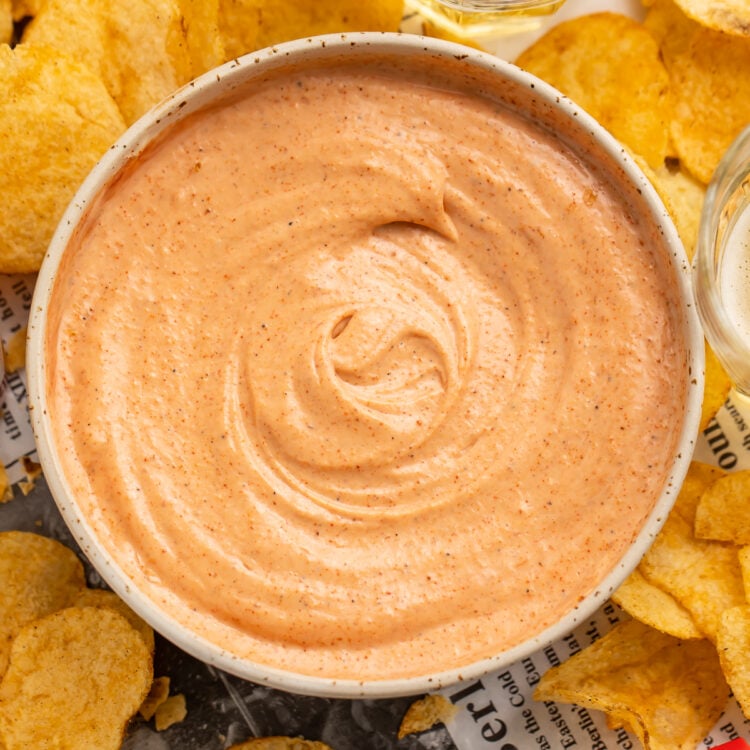 Overhead view of a bowl of cajun sauce surrounded by Zapp's potato chips.