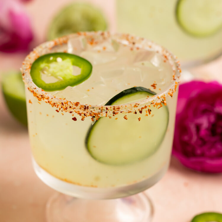 Cucumber jalapeno margarita in a short stemmed glass rimmed with tajin and a slice of cucumber and a slice of jalapeno to garnish.