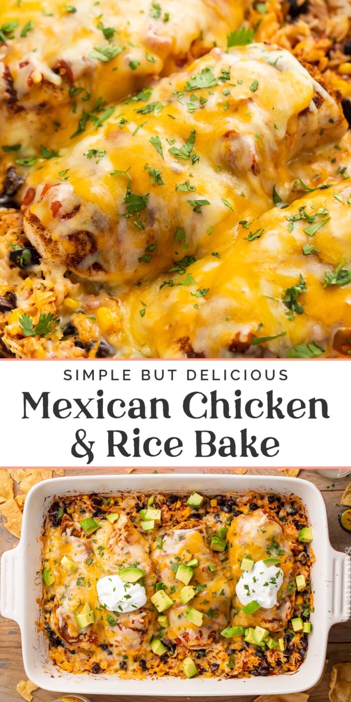 Pin graphic for Mexican chicken and rice bake.