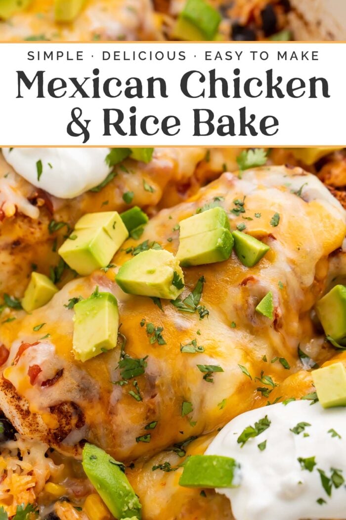 Pin graphic for Mexican chicken and rice bake.