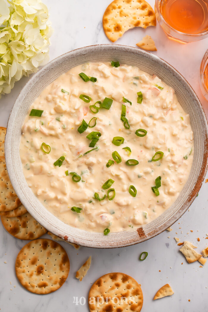 Overhead view of a large vintage bowl of shrimp dip surrounded by crackers, whole and broken.