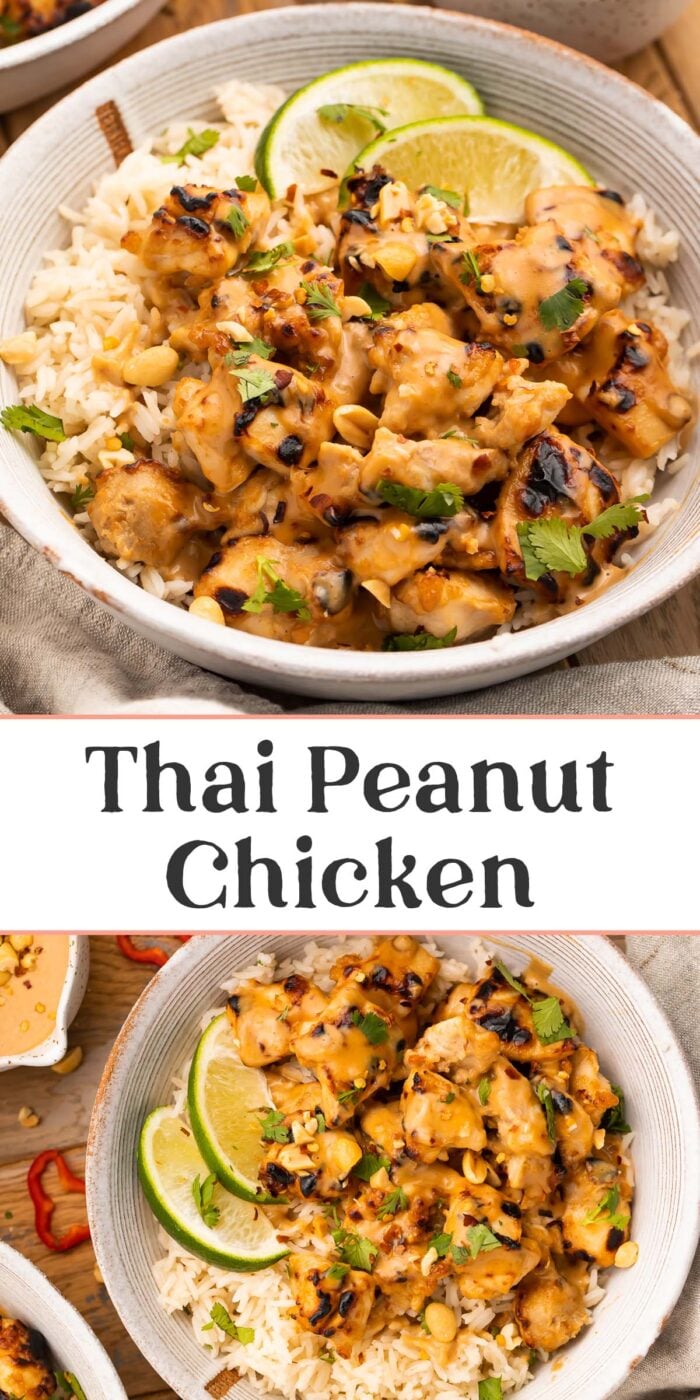 Pin graphic for Thai peanut chicken.