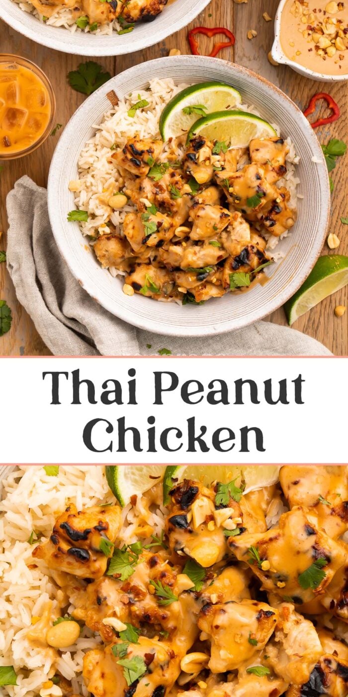 Pin graphic for Thai peanut chicken.