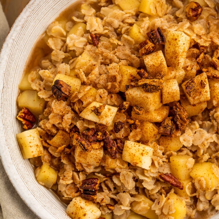 Close-up view of a bowl of apple cinnamon oatmeal, placed with the right half of the bowl cut out of the frame.