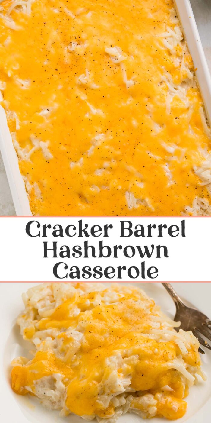 Pin graphic for Cracker Barrel hashbrown casserole.