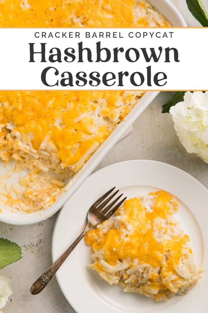 Pin graphic for Cracker Barrel hashbrown casserole.
