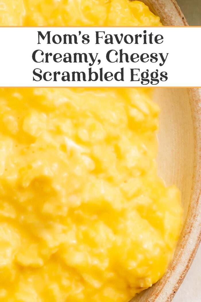 Pin graphic for cheesy scrambled eggs.