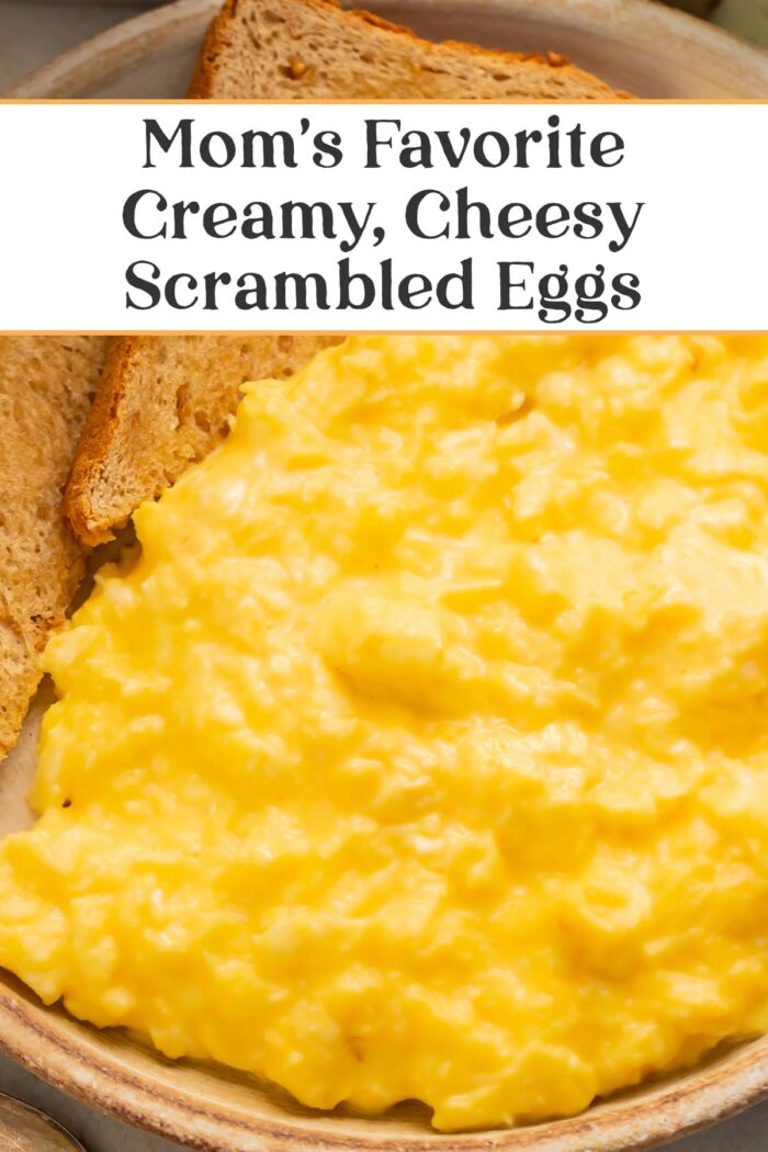 Pin graphic for cheesy scrambled eggs.