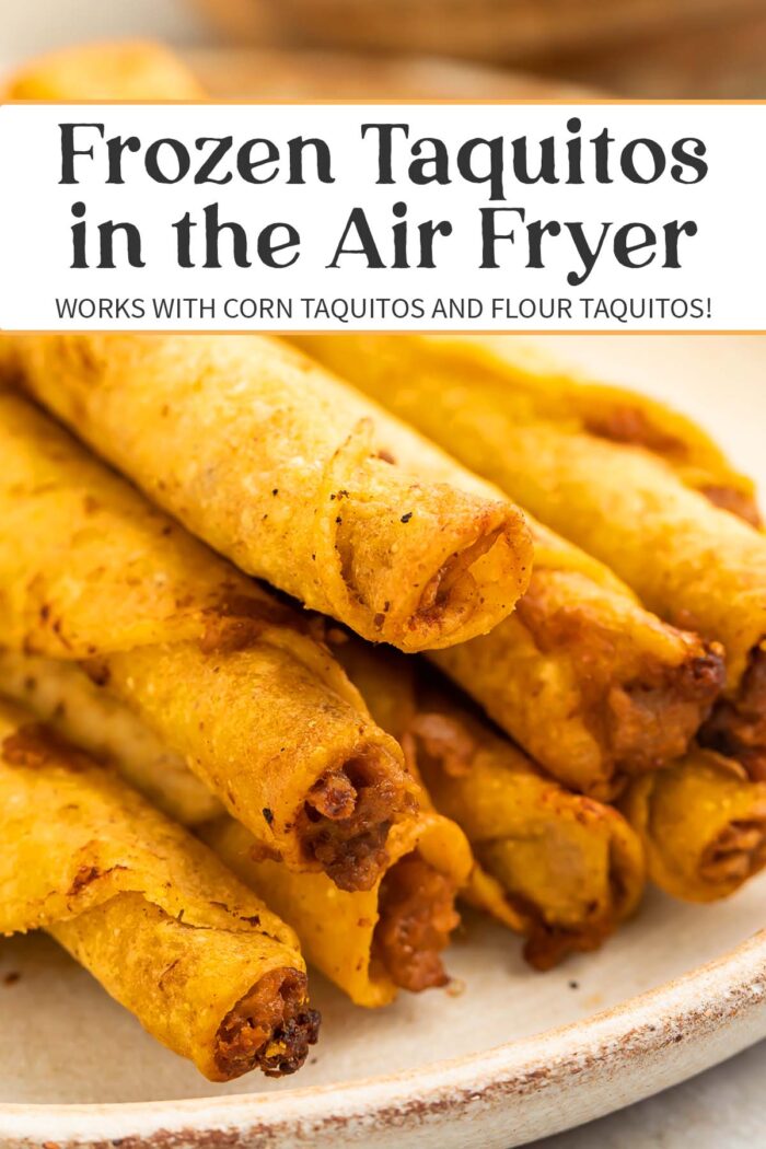 Pin graphic for frozen taquitos in the air fryer.