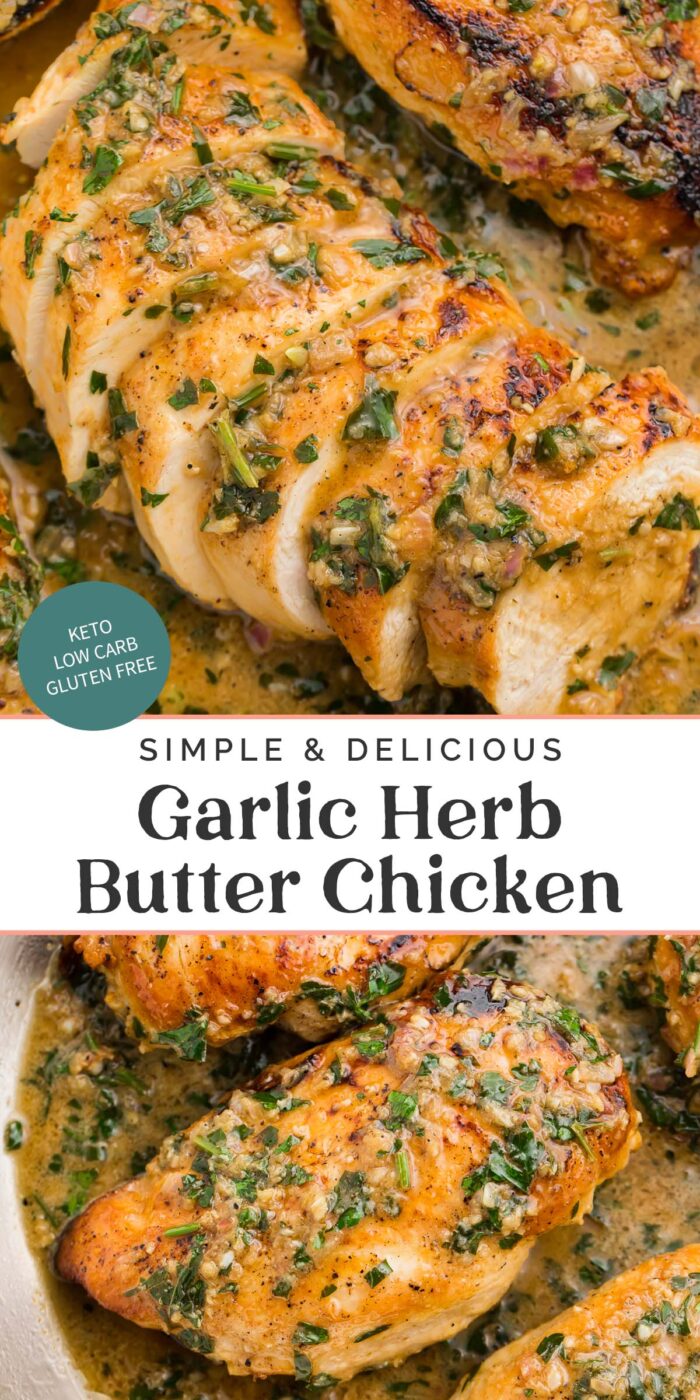 Pin graphic for garlic herb butter chicken.