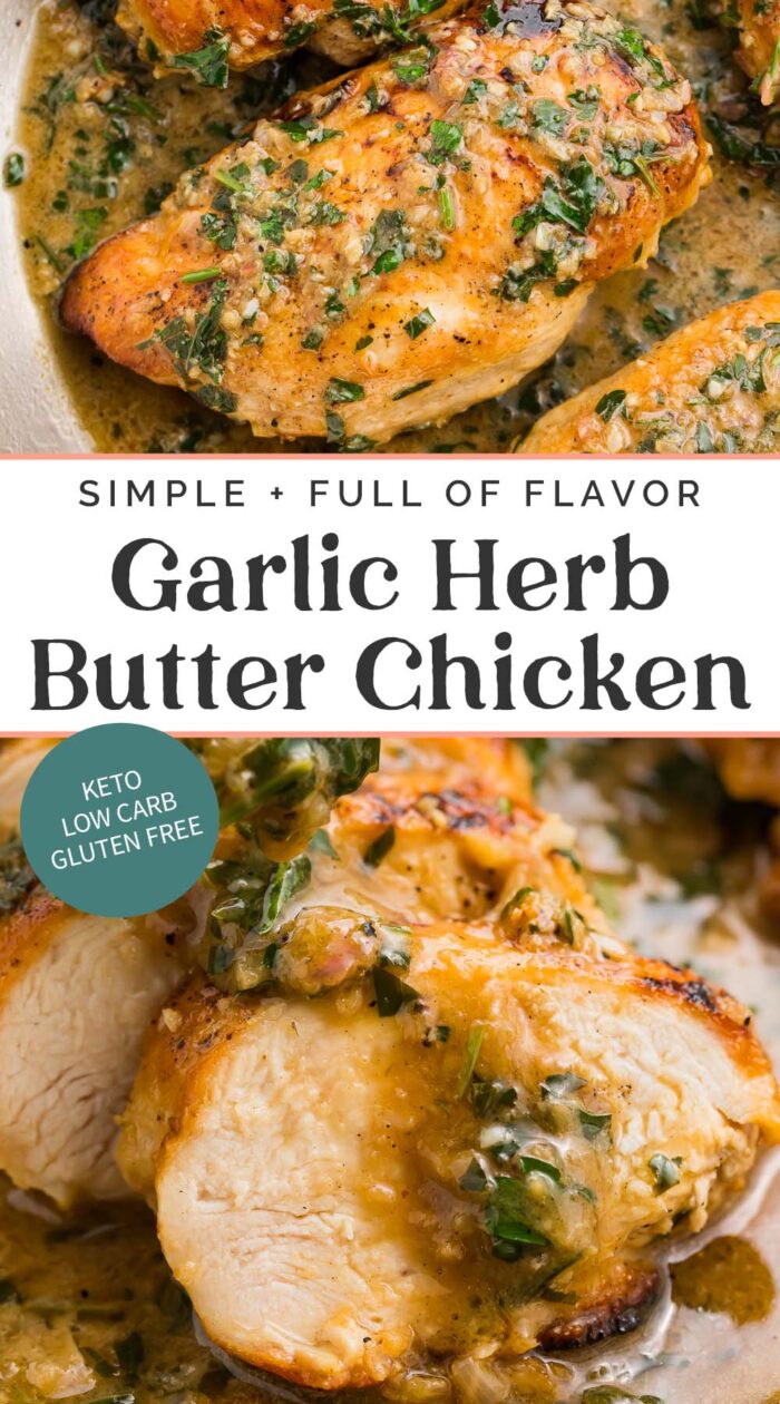 Pin graphic for garlic herb butter chicken.