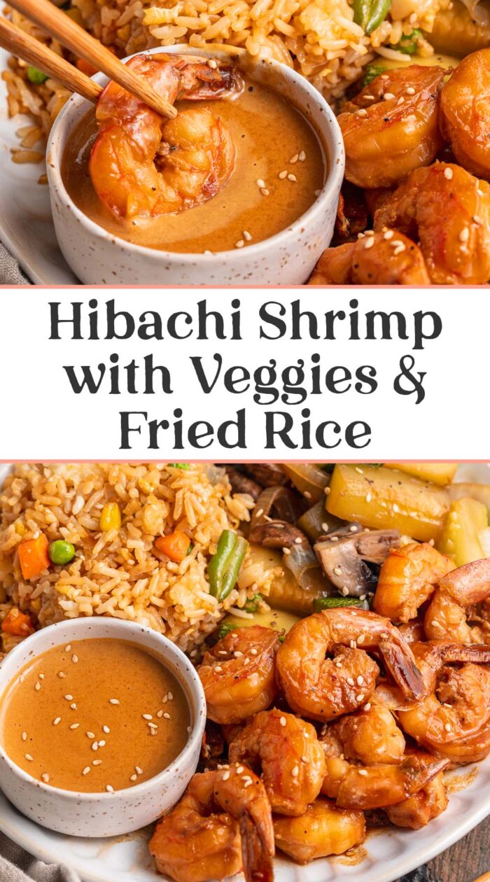 Pin graphic for hibachi shrimp with fried rice and veggies.