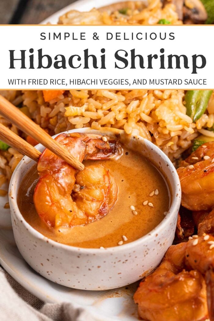 Pin graphic for hibachi shrimp with fried rice and veggies.