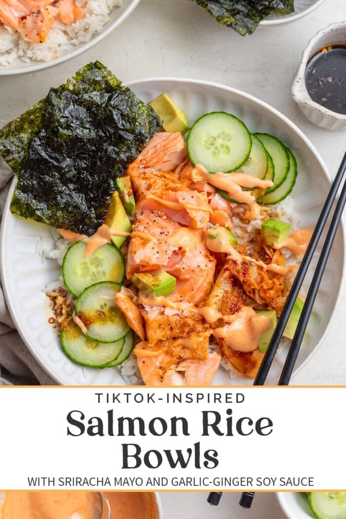 Pin graphic for salmon rice bowl.