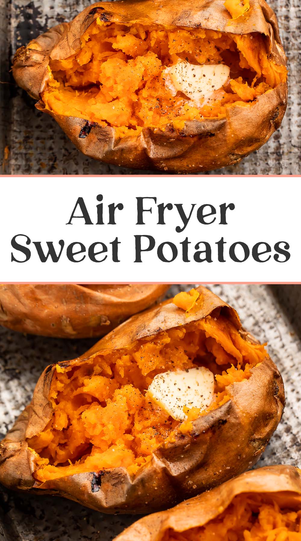 Pin graphic for air fryer sweet potatoes.