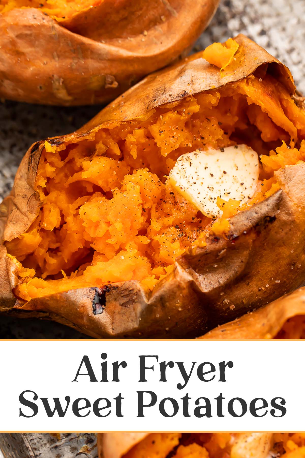 Pin graphic for air fryer sweet potatoes.