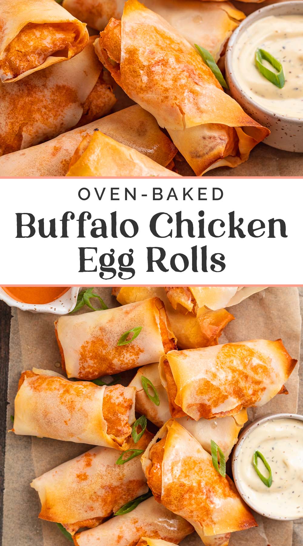 Pin graphic for buffalo chicken egg rolls.