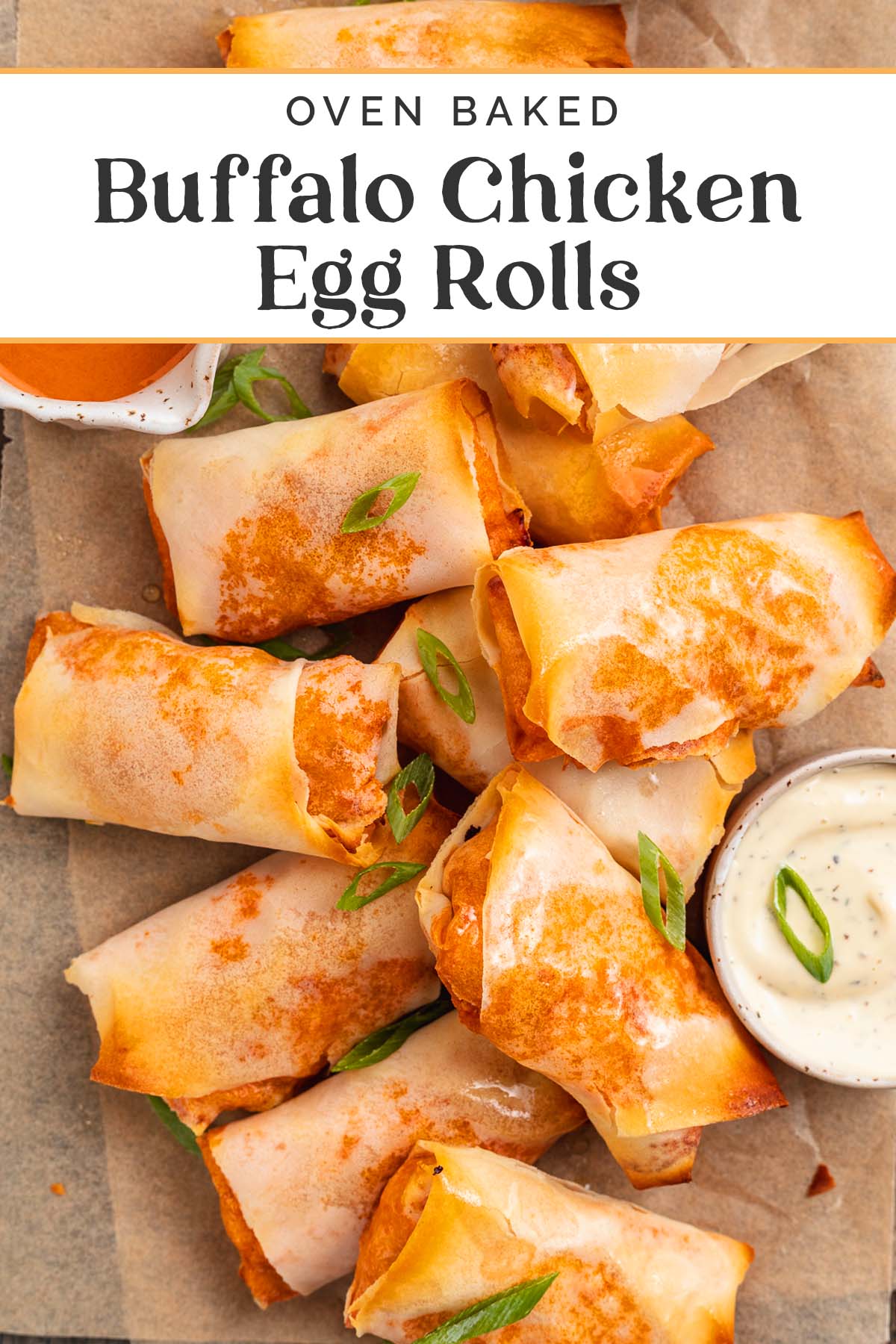 Pin graphic for buffalo chicken egg rolls.