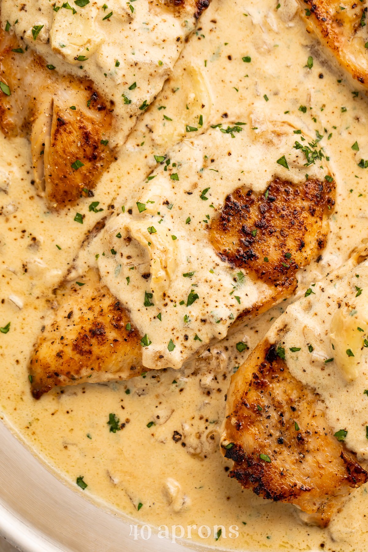 Overhead, close-up look at a pan-seared chicken breast in a creamy garlic sauce in a silver skillet.