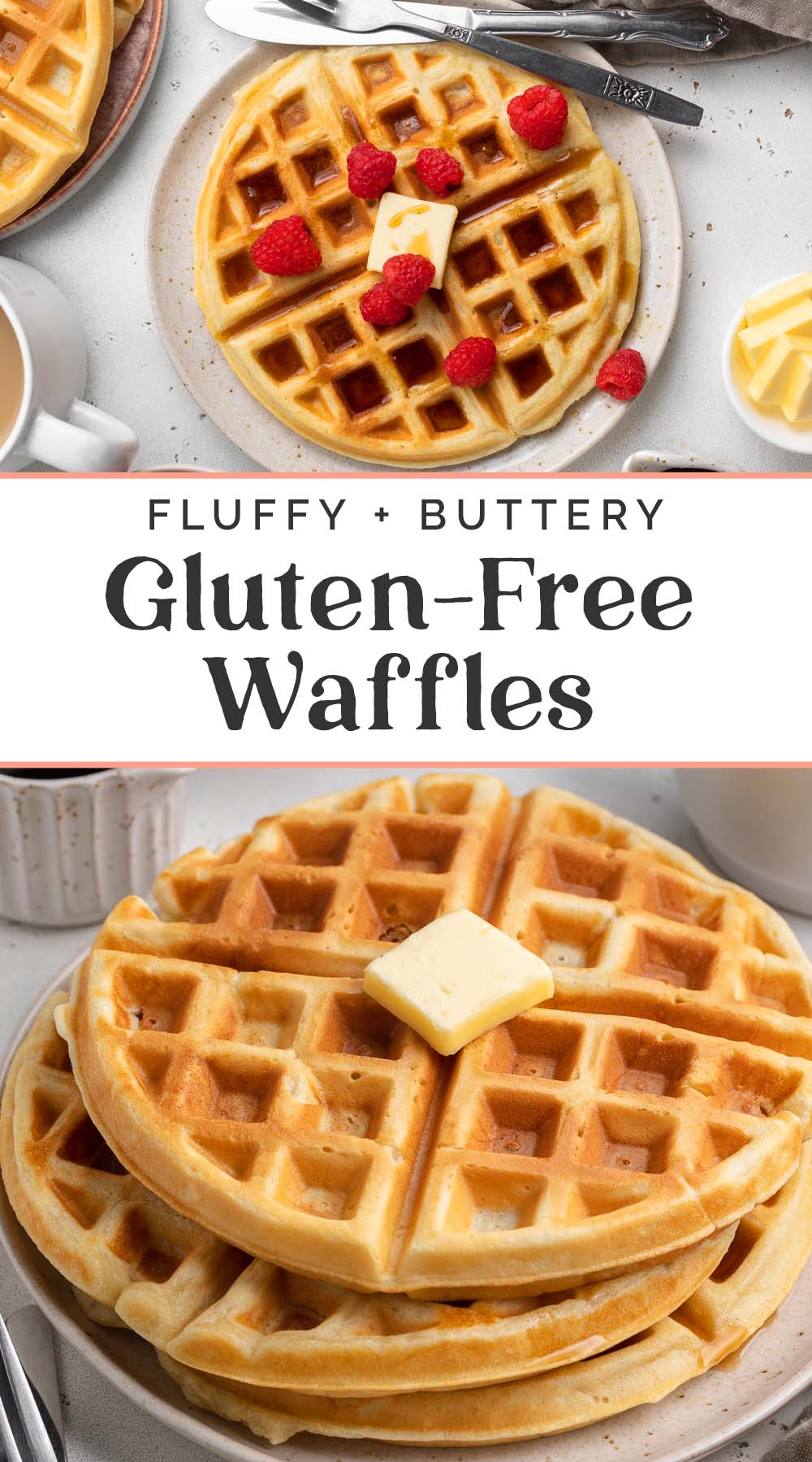 Pin graphic for gluten-free waffles.