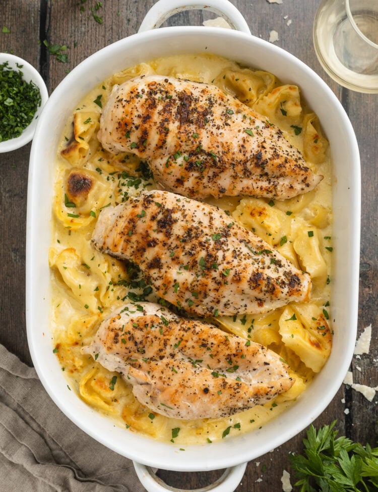 Overhead view of a large oval white baking dish holding copycat asiago tortelloni alfredo topped with 3 grilled chicken breasts.