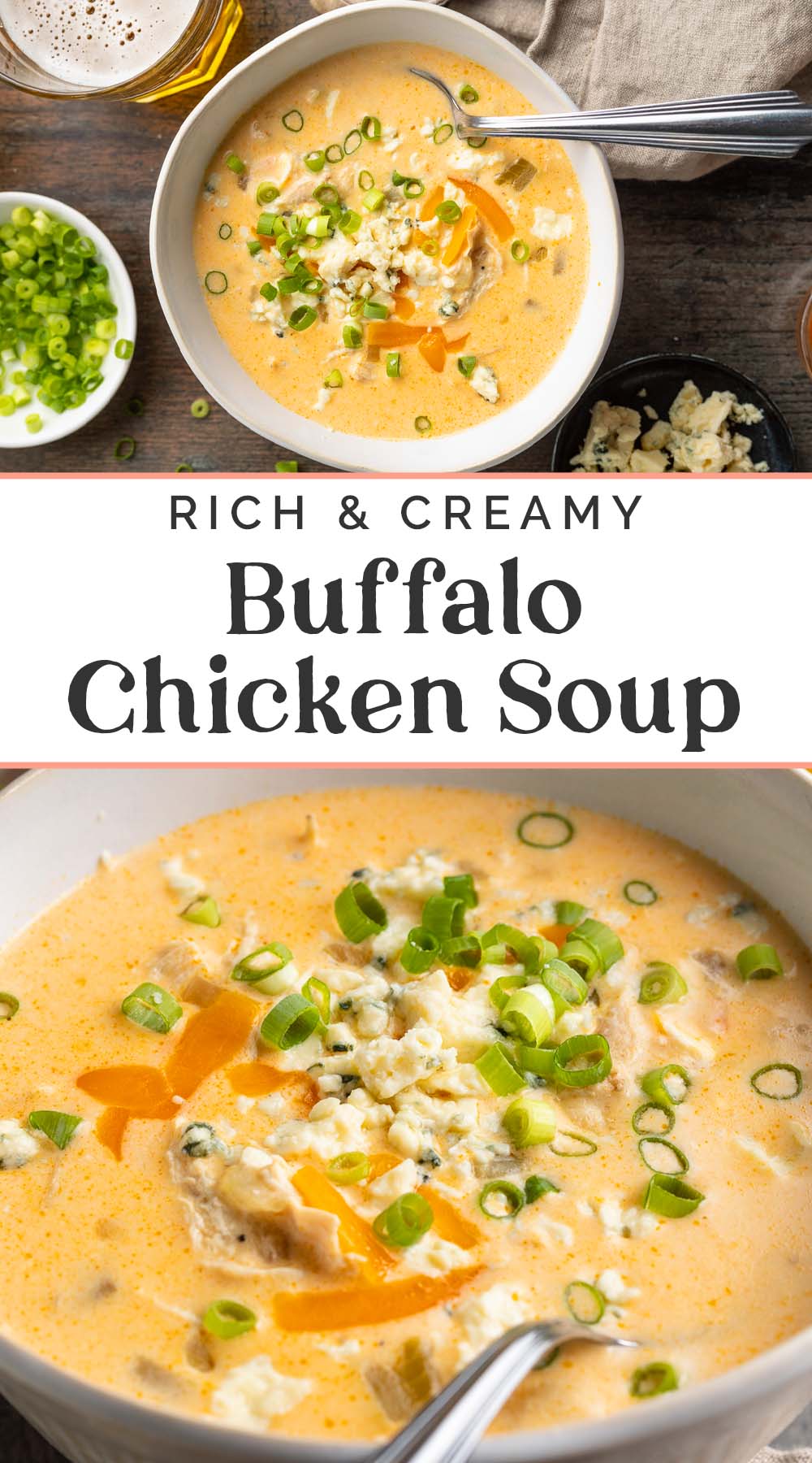 Pin graphic for buffalo chicken soup.