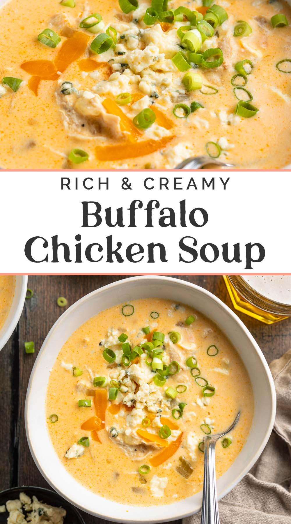 Pin graphic for buffalo chicken soup.
